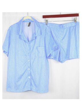 Jaclyn Intimates Polka Dot Button Up Top And Shorts PJ Set Blue/White Size L